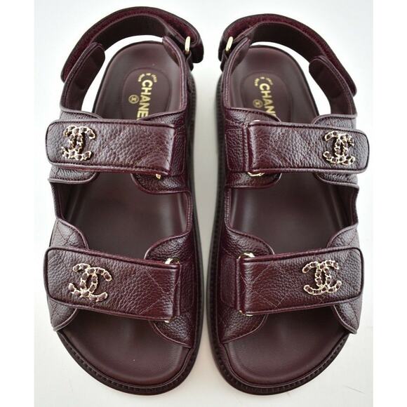 Chanel 21C Burgundy Red Caviar Gold CC Logo Mule Slide Flat Teva Dad Sandal 37.5 - Picture 1 of 12